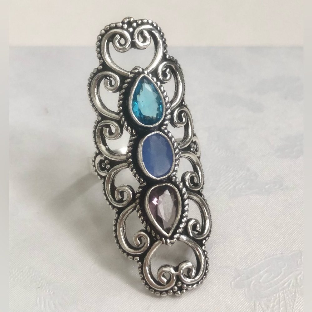 🌹🍃New Chalcedony, Blue Onyx & Amethyst Gemstone Victorian Sterling Silver Ring🍃🌹